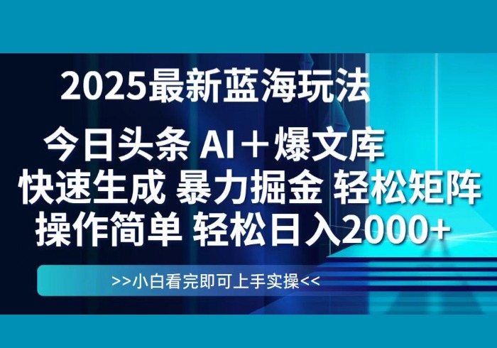 今日头条2025最新蓝海玩法，思路简单，复制粘贴，轻松实现矩阵日入2000+-参一网创