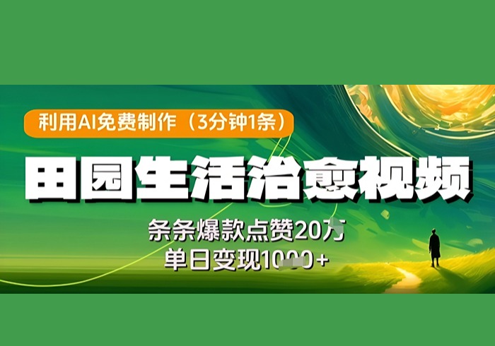 利用AI免费制作田园生活治愈视频，条条爆款点赞20W，单日变现几张-参一网创