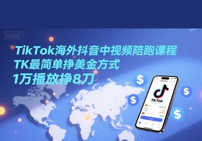 TikTok海外抖音中视频陪跑课程，TK最简单挣美金方式，1万播放挣8刀-参一网创
